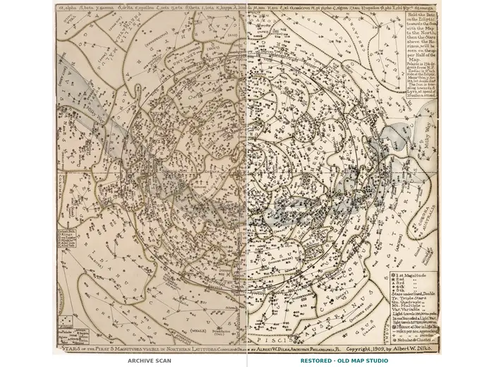 Constellation Map 1909 — Dilks, Stars of the First 5 Magnitudes — full sheet before and after restoration