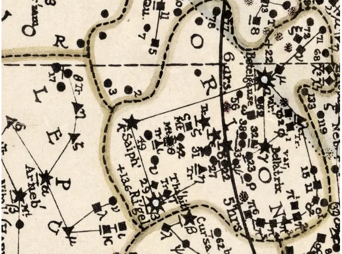 Constellation Map 1909 — Dilks, Stars of the First 5 Magnitudes — detail 4: orion lepus