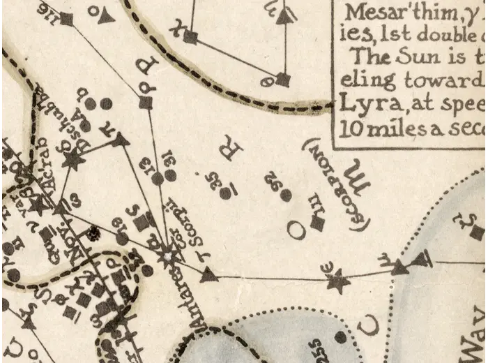 Constellation Map 1909 — Dilks, Stars of the First 5 Magnitudes — detail 6: milky way blue tint 1to1