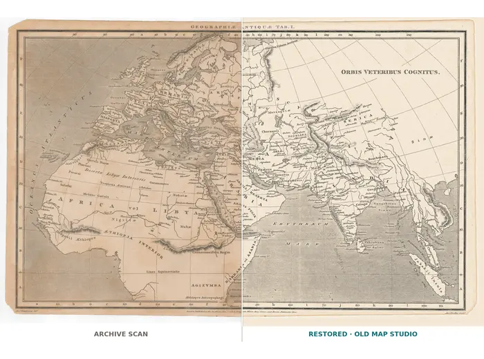 Antique World Map 1818 — Macpherson, Orbis Veteribus Cognitus — full sheet before and after restoration