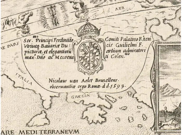 Antique Celestial Map 1593 — Van Aelst, Spheres of Heaven — detail 2: dedication van aelst 1593