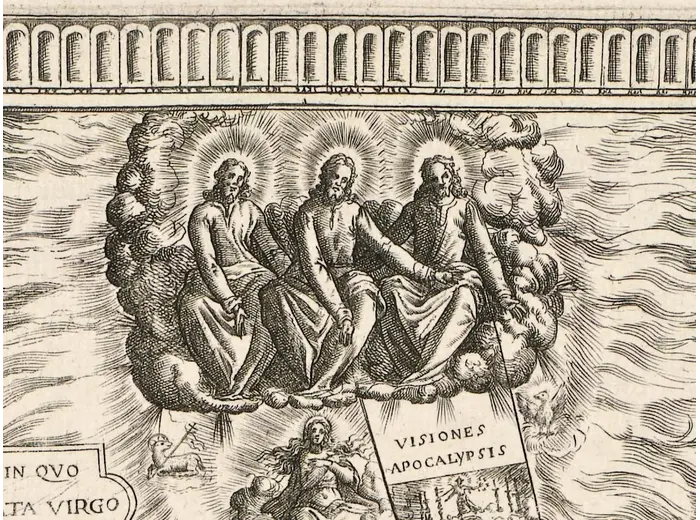 Antique Celestial Map 1593 — Van Aelst, Spheres of Heaven — detail 3: holy trinity