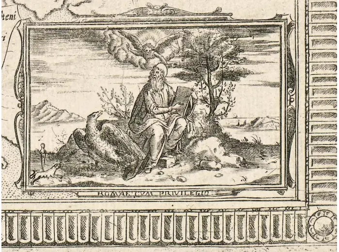 Antique Celestial Map 1593 — Van Aelst, Spheres of Heaven — detail 5: saint john on patmos