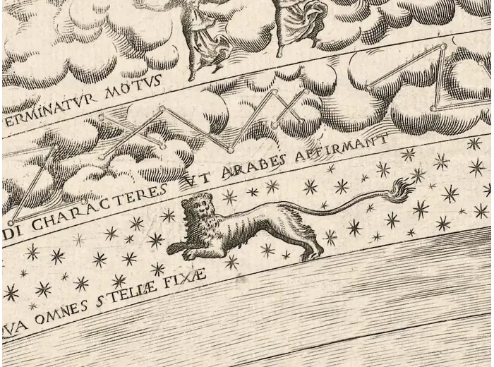 Antique Celestial Map 1593 — Van Aelst, Spheres of Heaven — detail 6: lion fixed stars 1to1