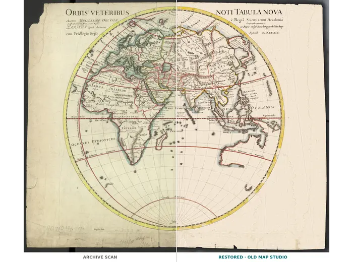 Antique World Map 1714 — Delisle, Orbis Veteribus Noti — full sheet before and after restoration