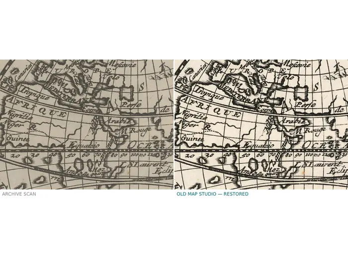 Antique World Map 1708 — De la Feuille, Mapemonde Planisphere — before and after restoration