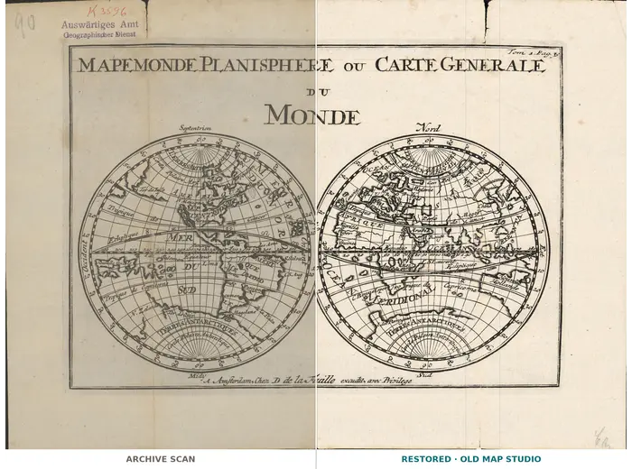 Antique World Map 1708 — De la Feuille, Mapemonde Planisphere — full sheet before and after restoration
