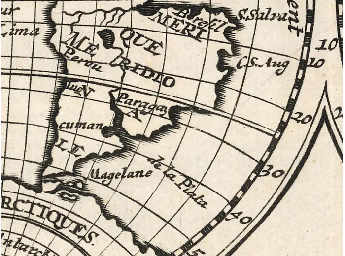 Antique World Map 1708 — De la Feuille, Mapemonde Planisphere — detail 4: south america magellan