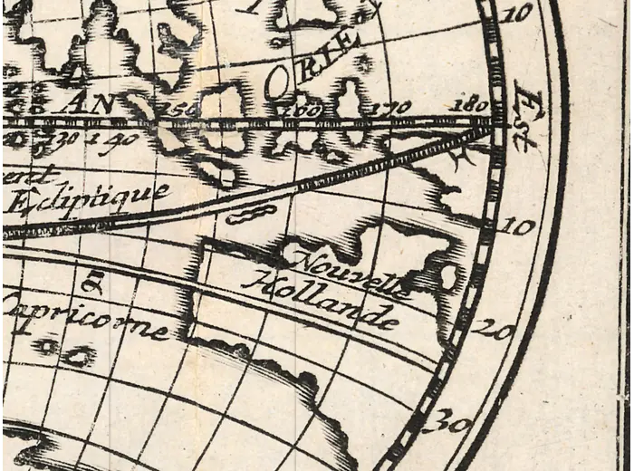 Antique World Map 1708 — De la Feuille, Mapemonde Planisphere — detail 6: new holland hatching