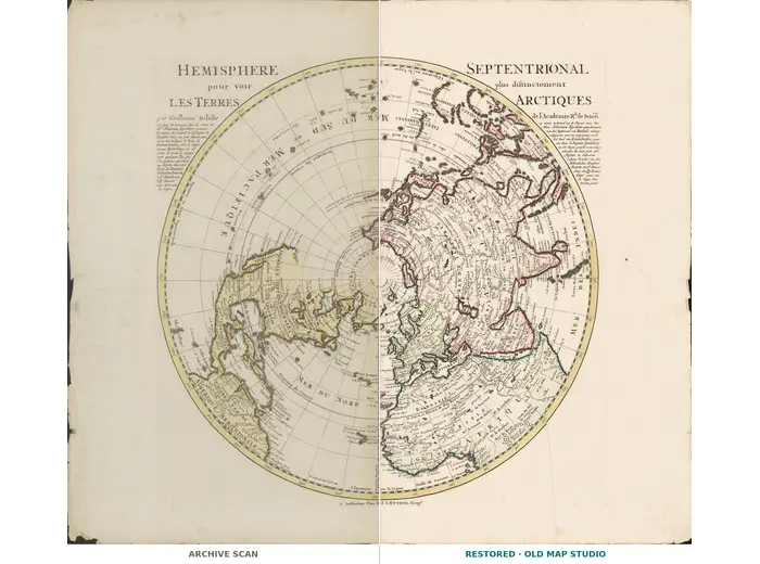 Antique World Map c. 1740 — Delisle, Hemisphere Septentrional — full sheet before and after restoration