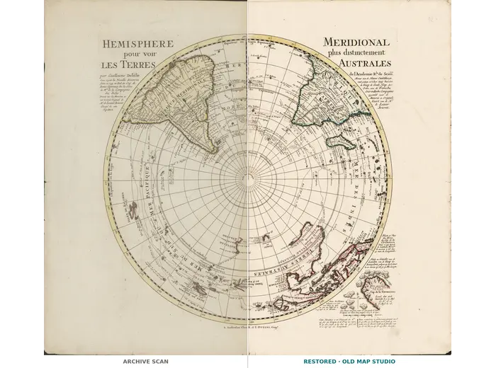 Antique World Map c. 1739 — Delisle, Hemisphere Meridional — full sheet before and after restoration