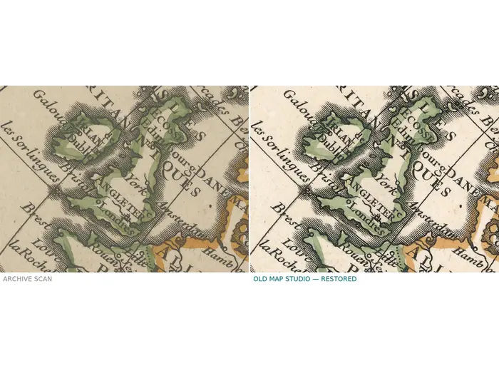 Mapamundi antiguo 1724 — Delisle, Hemisphere Oriental — antes y después de la restauración