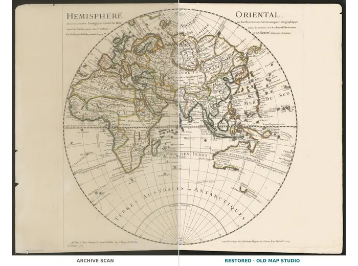 Mapamundi antiguo 1724 — Delisle, Hemisphere Oriental — hoja completa antes y después de la restauración