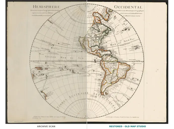 Antique World Map 1724 — Delisle, Hemisphere Occidental — full sheet before and after restoration