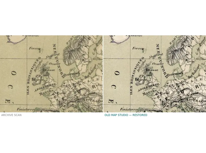 Alte Weltkarte 1873 — Vivien de Saint-Martin, Planisphère, Mercator — vor und nach der Restaurierung