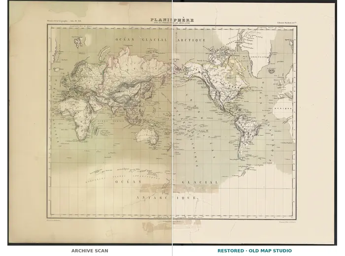 Alte Weltkarte 1873 — Vivien de Saint-Martin, Planisphère, Mercator — ganzes Blatt vor und nach der Restaurierung
