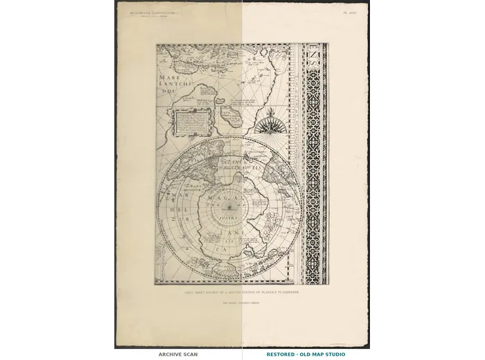 Stara mapa świata 1598 — Plancius, faksymile Wiedera 1927 — cały arkusz przed i po restauracji
