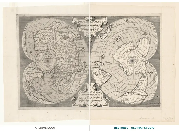 Antique World Map 1564 — Mercator, Quam Hic Vides Orbis Imaginem — full sheet before and after restoration