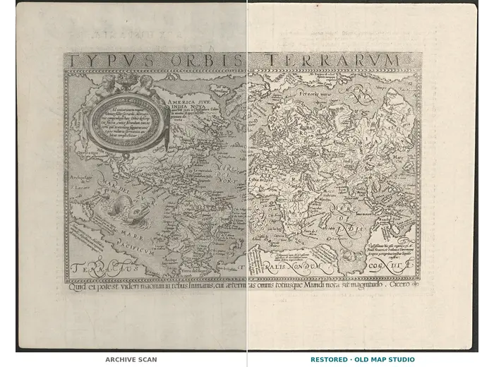 Antique World Map 1596 — Typus Orbis Terrarum — full sheet before and after restoration