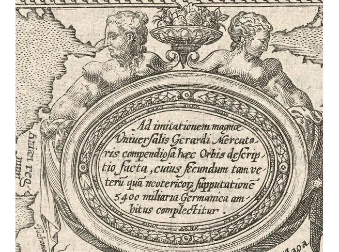 Antique World Map 1596 — Typus Orbis Terrarum — detail 2: mercator dedication cartouche