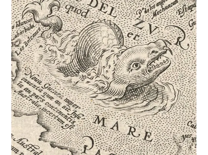 Antique World Map 1596 — Typus Orbis Terrarum — detail 3: sea monster mar del zur