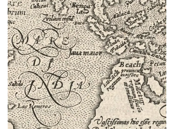 Antique World Map 1596 — Typus Orbis Terrarum — detail 4: east indies beach and iava maior