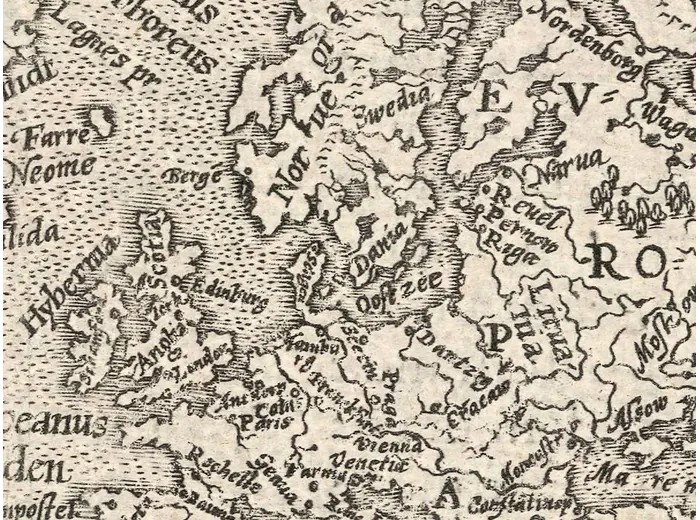 Antique World Map 1596 — Typus Orbis Terrarum — detail 6: europe