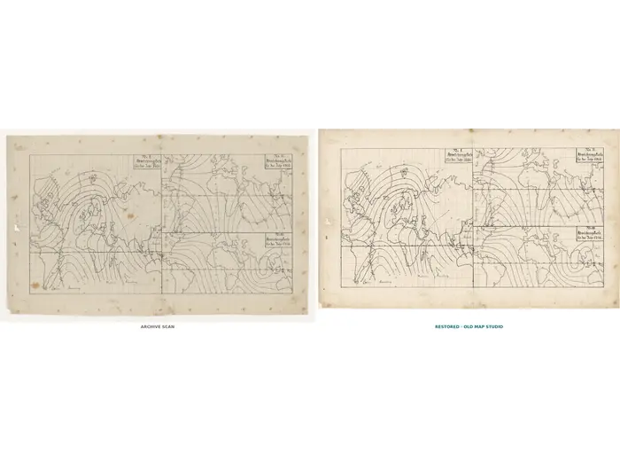 Antique World Map c. 1807 — Hansteen, Abweichungskarte — full sheet before and after restoration