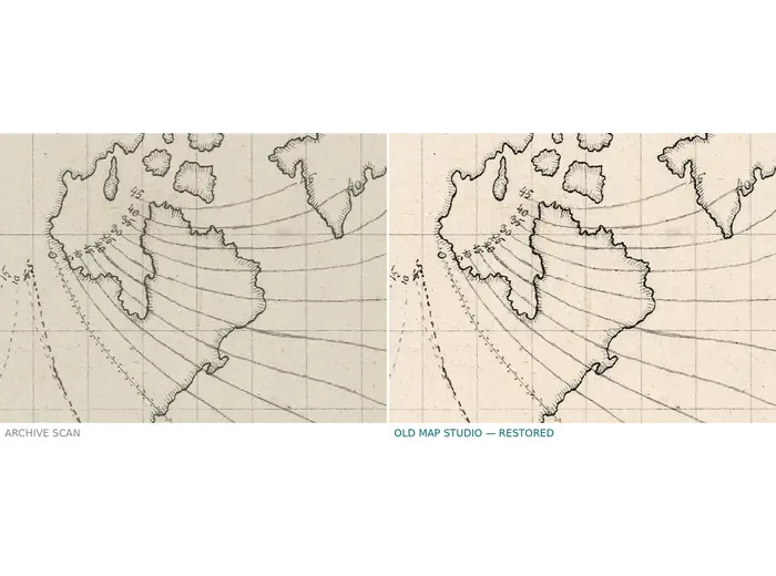 Stara mapa świata 1807 — Hansteen, Abweichungskarten — przed i po restauracji
