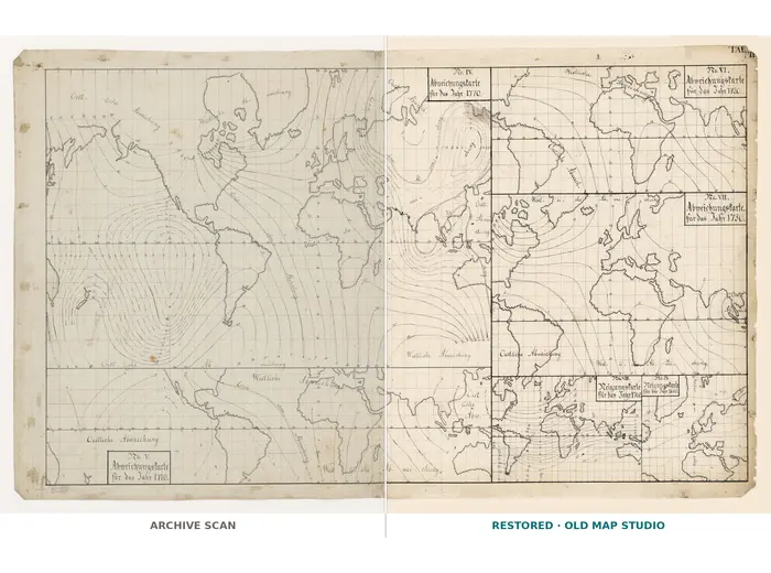 Stara mapa świata 1807 — Hansteen, Abweichungskarten — cały arkusz przed i po restauracji