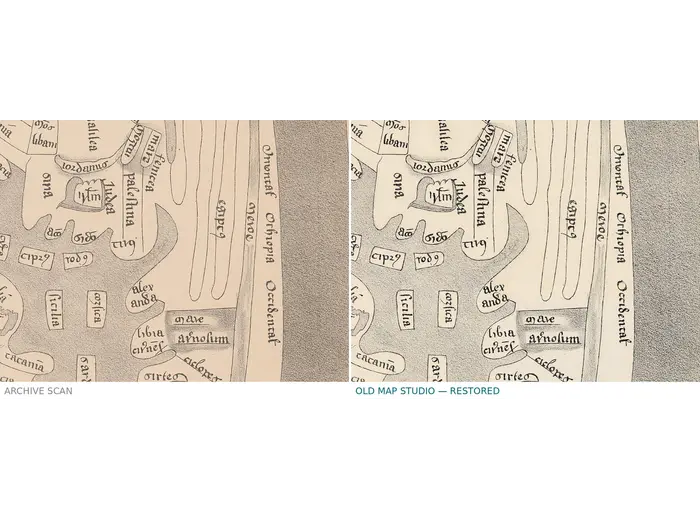 Mapamundi antiguo — mapa de Higden, facsímil de Jomard — antes y después de la restauración