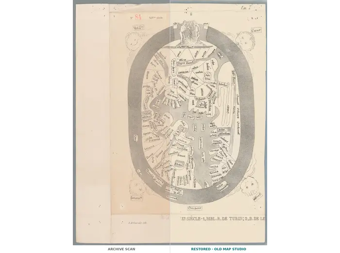 Mapamundi antiguo — mapa de Higden, facsímil de Jomard — hoja completa antes y después de la restauración