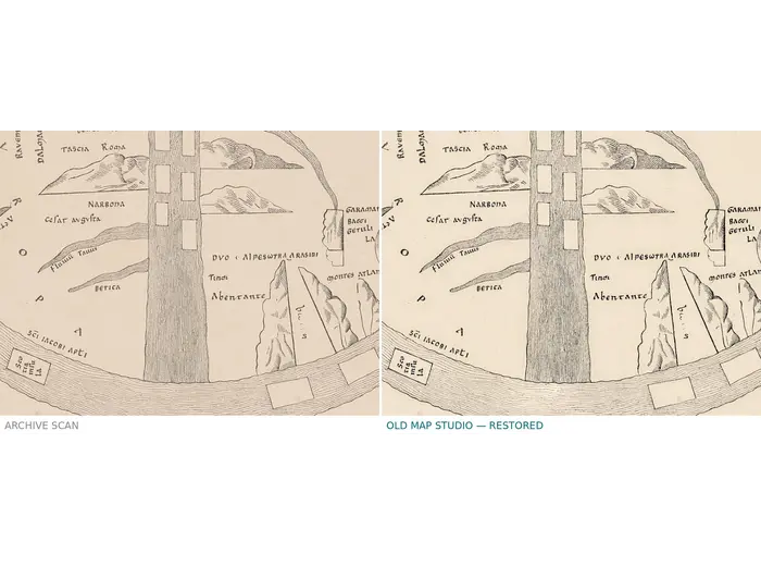 Antique World Map — Turin Mappa Mundi, Jomard Facsimile — before and after restoration