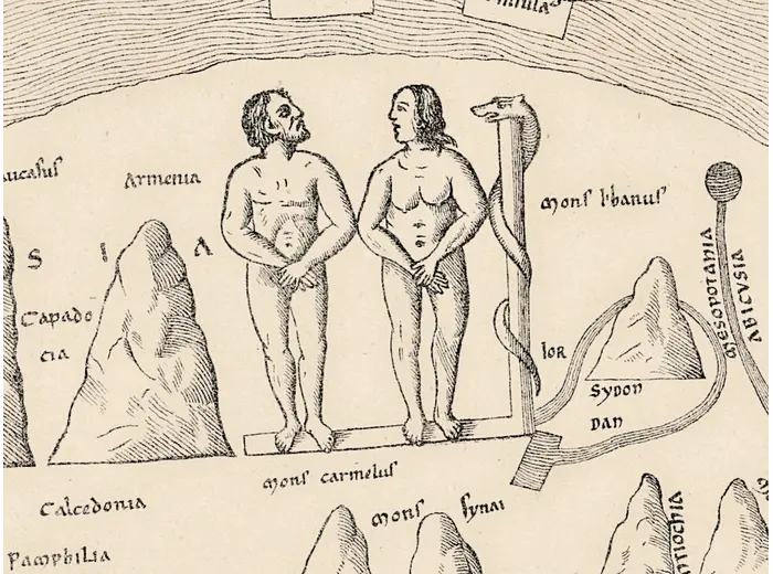 Antique World Map — Turin Mappa Mundi, Jomard Facsimile — detail 1: paradise adam eve
