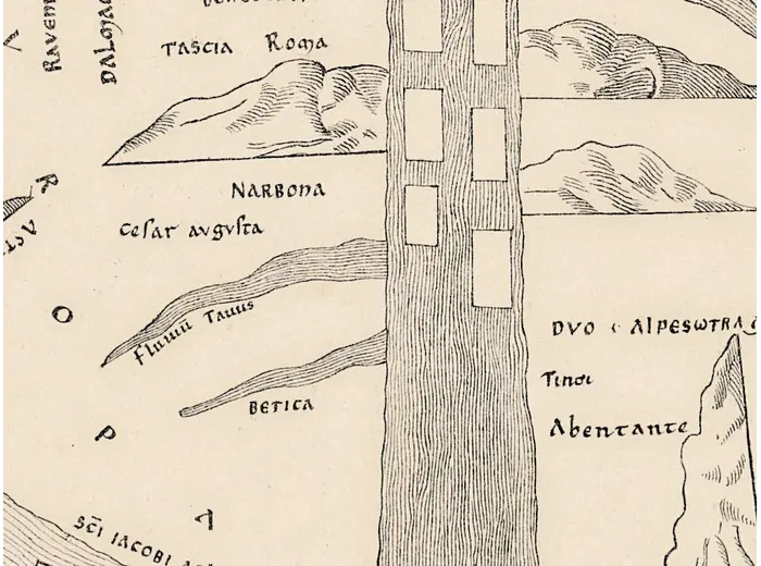 Antique World Map — Turin Mappa Mundi, Jomard Facsimile — detail 3: gallia roma narbona