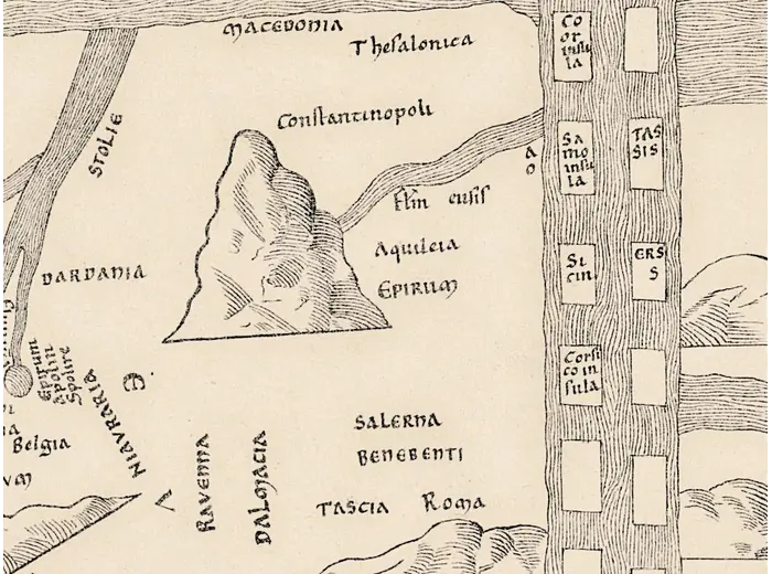 Antique World Map — Turin Mappa Mundi, Jomard Facsimile — detail 6: mountains constantinople hatching