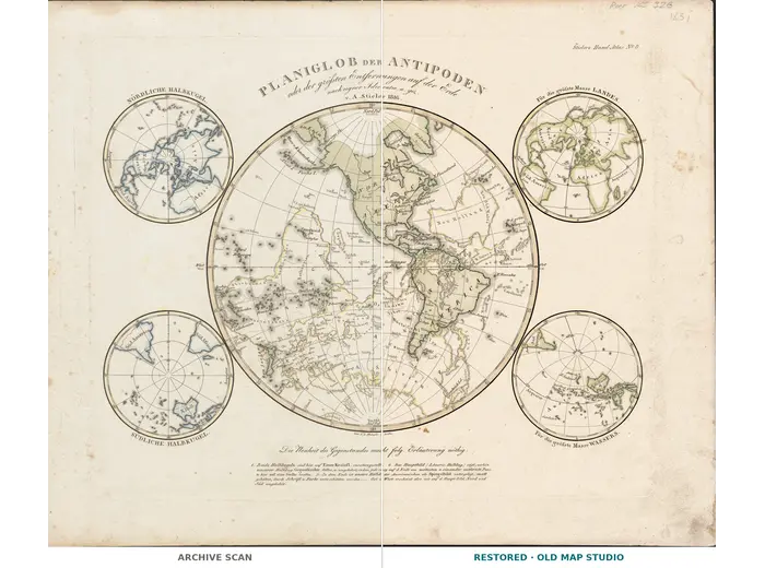 Antique World Map 1816 — Stieler, Planiglob der Antipoden — full sheet before and after restoration