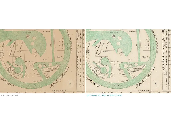 Oude wereldkaart 10e eeuw — Istakhri en Ibn Hawqal, Lelewel 1852 — voor en na restauratie