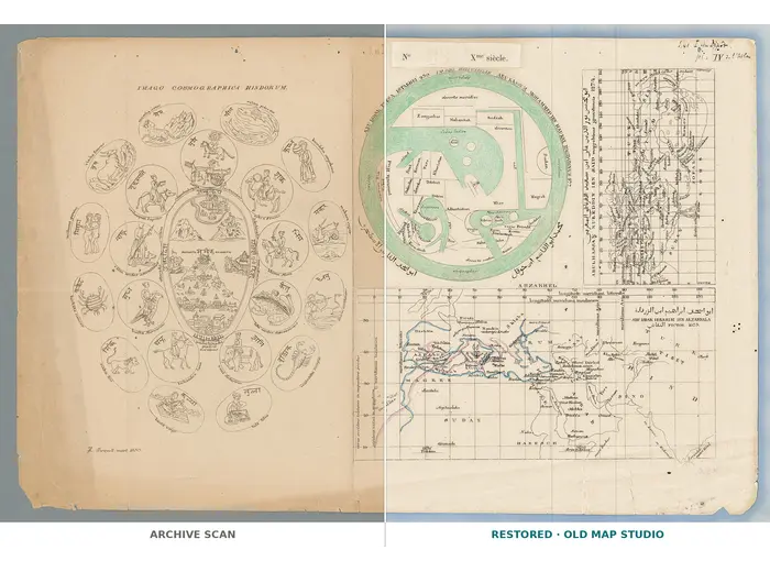 Oude wereldkaart 10e eeuw — Istakhri en Ibn Hawqal, Lelewel 1852 — volledig blad voor en na restauratie