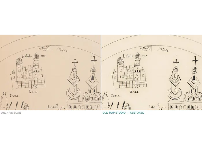 Old World Map — Mappemonde de Leipzig, Jomard's Monuments — before and after restoration