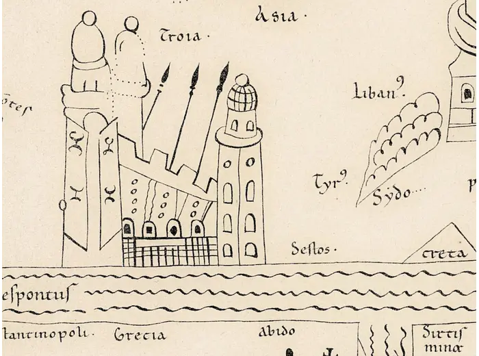 Old World Map — Mappemonde de Leipzig, Jomard's Monuments — detail 5: troia towers