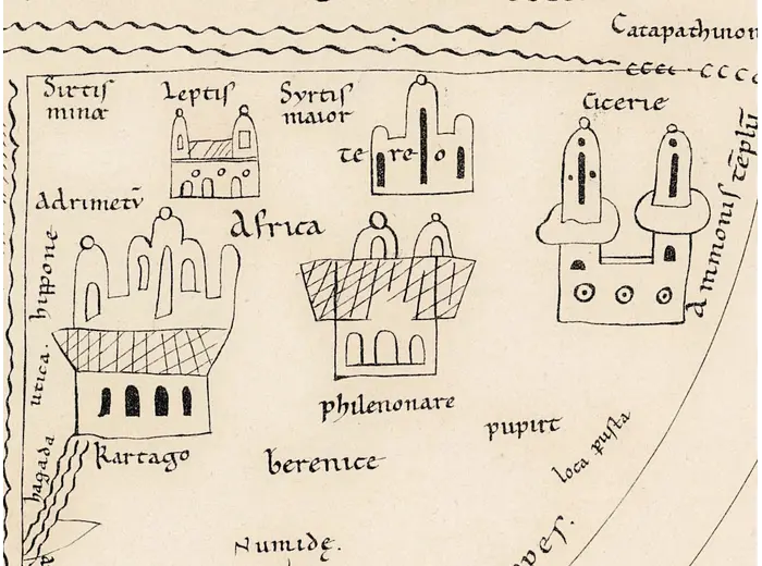 Old World Map — Mappemonde de Leipzig, Jomard's Monuments — detail 6: africa hatched roofs