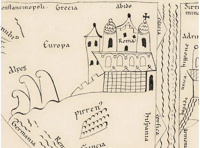 Old World Map — Mappemonde de Leipzig, Jomard's Monuments — detail 7: roma europa