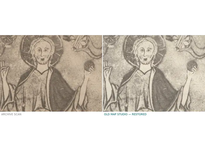 Antique World Map — Psalter Map, Miller Facsimile 1895, Plate 1 — before and after restoration