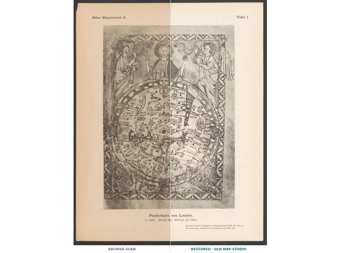 Antique World Map — Psalter Map, Miller Facsimile 1895, Plate 1 — full sheet before and after restoration