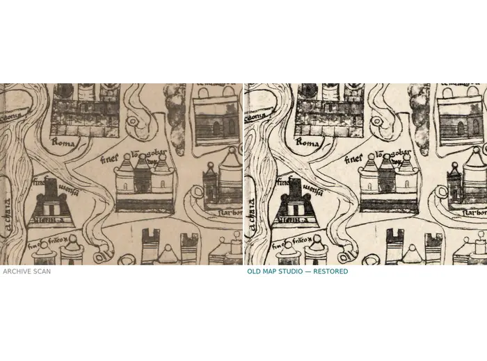 Stara mapa świata — mapa Beatusa Paris II, faksymile Millera 1895, tabl. 2 — przed i po restauracji