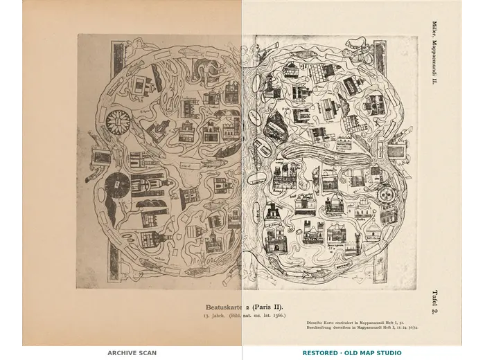 Stara mapa świata — mapa Beatusa Paris II, faksymile Millera 1895, tabl. 2 — cały arkusz przed i po restauracji