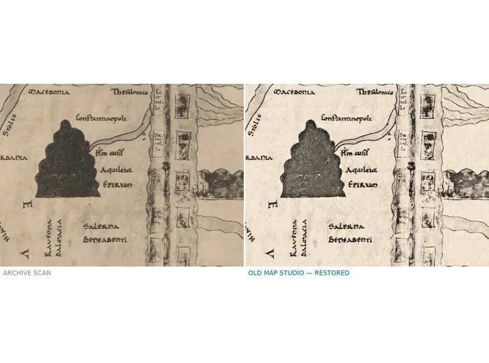 Stara mapa świata — mapa Beatusa z Turynu, faksymile Millera 1895, tabl. 8 — przed i po restauracji
