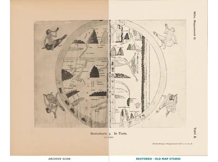 Stara mapa świata — mapa Beatusa z Turynu, faksymile Millera 1895, tabl. 8 — cały arkusz przed i po restauracji