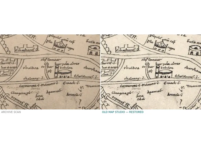 Stara mapa Azji ok. 1150 — mapa Hieronima, faksymile Millera 1895, tabl. 11 — przed i po restauracji